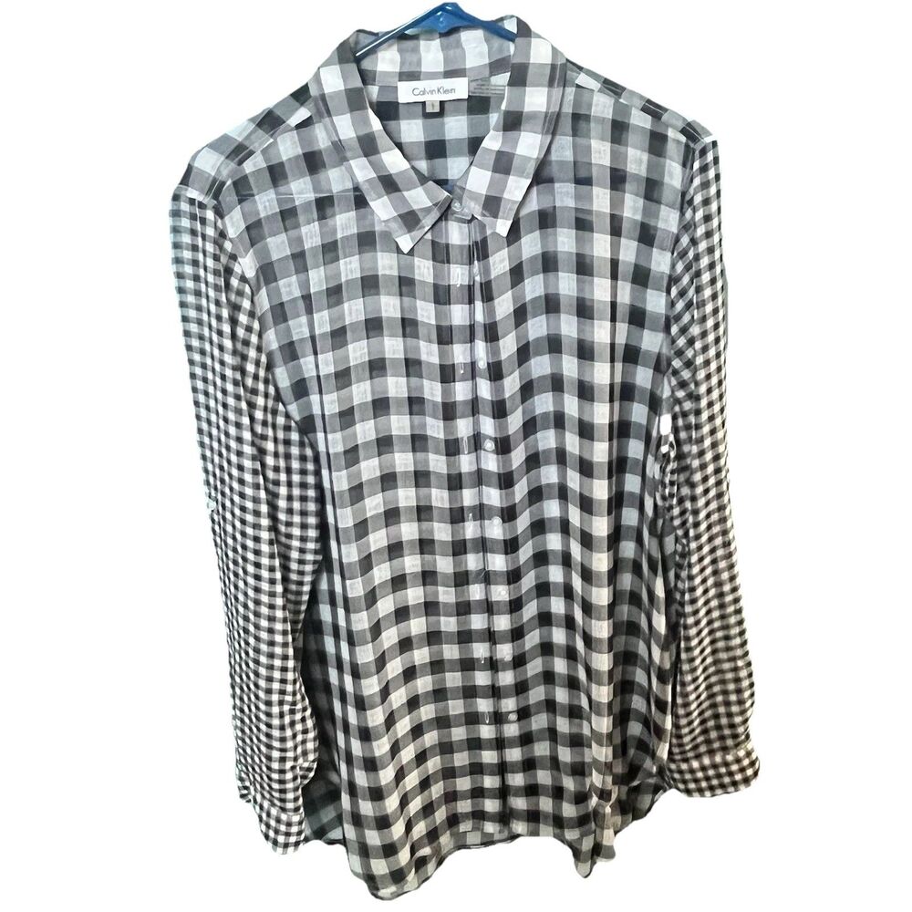 Calvin Klein Women's Long Sleeve Black White Check Button Up Shirt Size Large